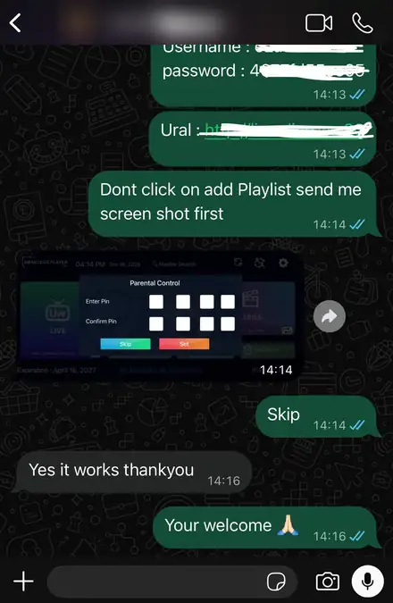 IPTV service customer review on WhatsApp: setup in Smarters Player, customer confirms it works