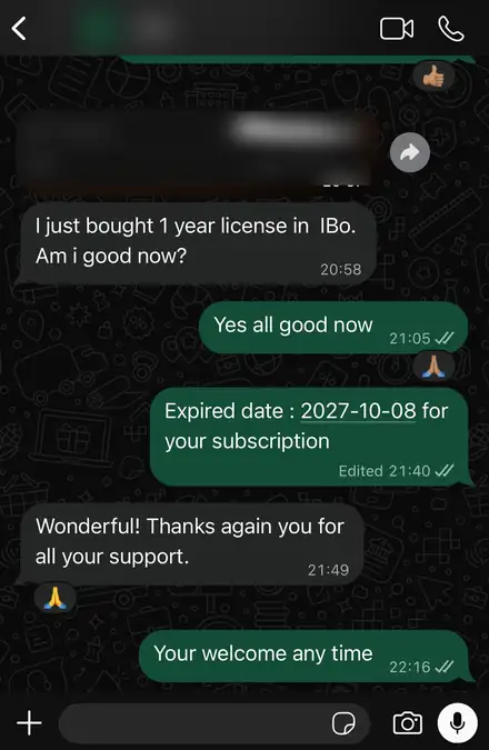 IPTV service customer review on WhatsApp: subscription activated on IBO Player, customer thanks support