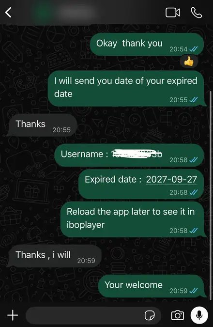 IPTV service customer review on WhatsApp: 12-month plan expiry date confirmed in the chat