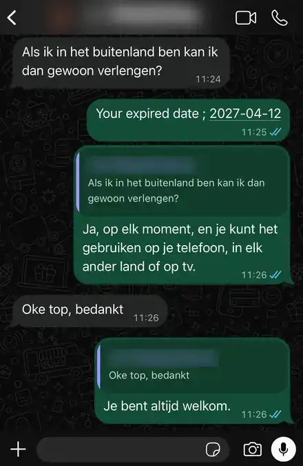 IPTV service customer review on WhatsApp: question about watching while traveling answered
