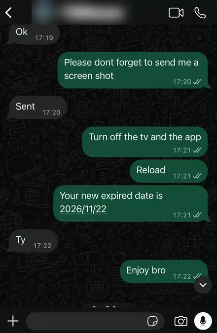 IPTV service customer review on WhatsApp: subscription renewed with new expiry date in the chat